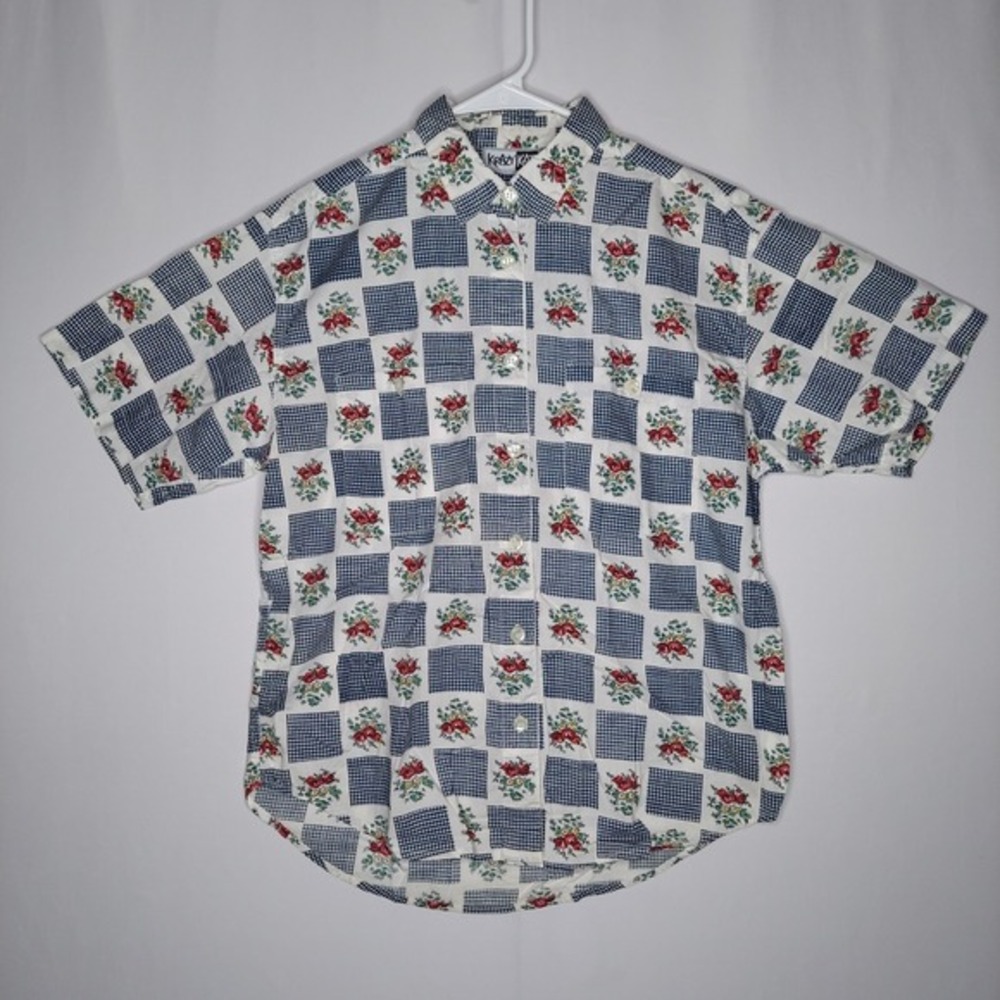 Krazy Kat Vtg Top Women Medium Block‎ Floral Button Short Sleeve Country Cowgirl
